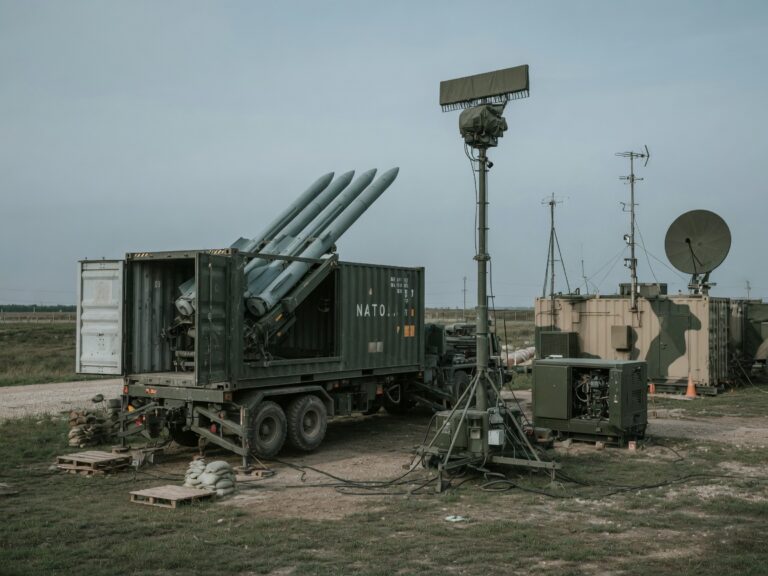 Containerbasert missilanserer på militær plattform, omgitt av radar- og kommunikasjonsutstyr.