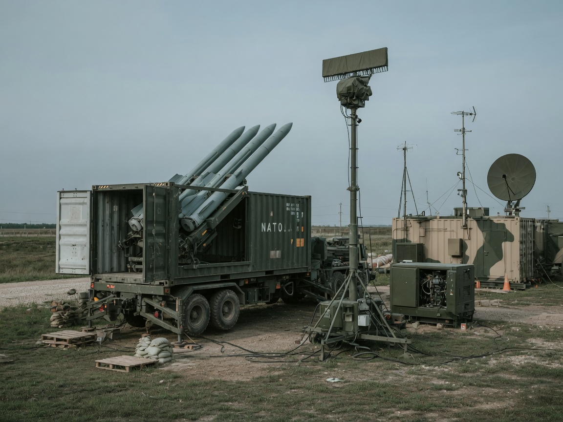 Containerbasert missilanserer på militær plattform, omgitt av radar- og kommunikasjonsutstyr.
