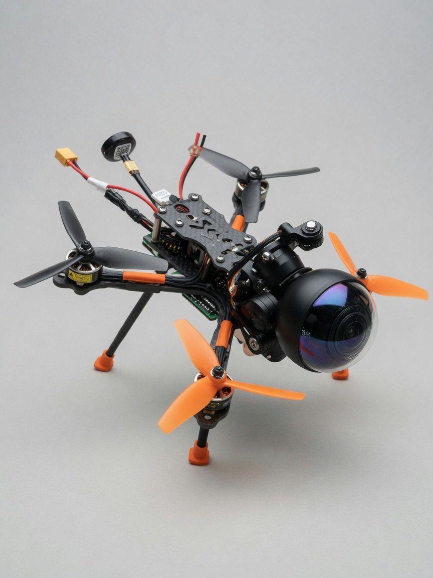 Antigravity A1 360-graders FPV-drone med synlig kuleformet kamera mot nøytral bakgrunn