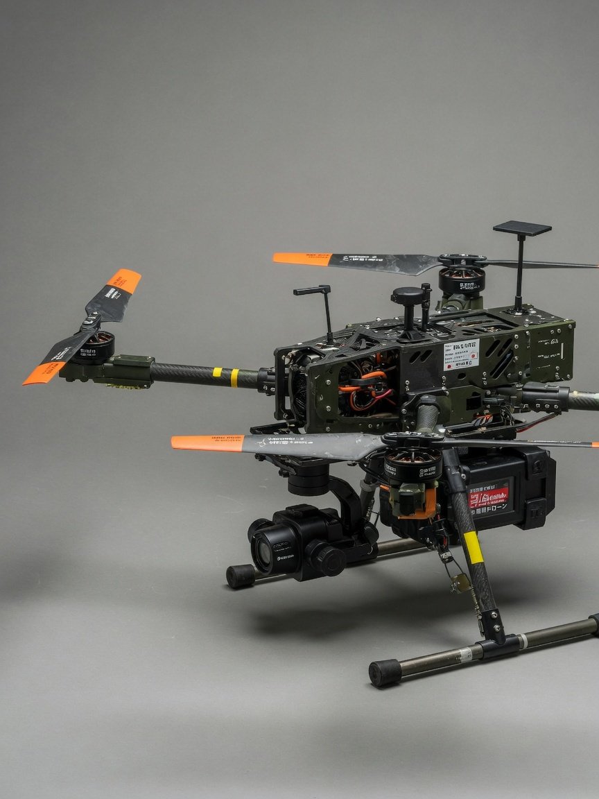 Industridrone med fire rotorer fra japansk produsent mot nøytral bakgrunn på utstilling