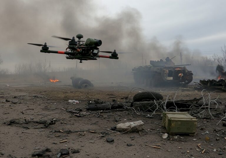Militær drone i lav høyde over ødelagt terreng, med røyk i bakgrunnen.