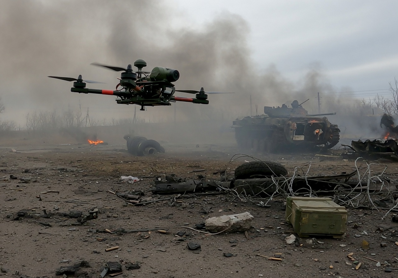 Militær drone i lav høyde over ødelagt terreng, med røyk i bakgrunnen.