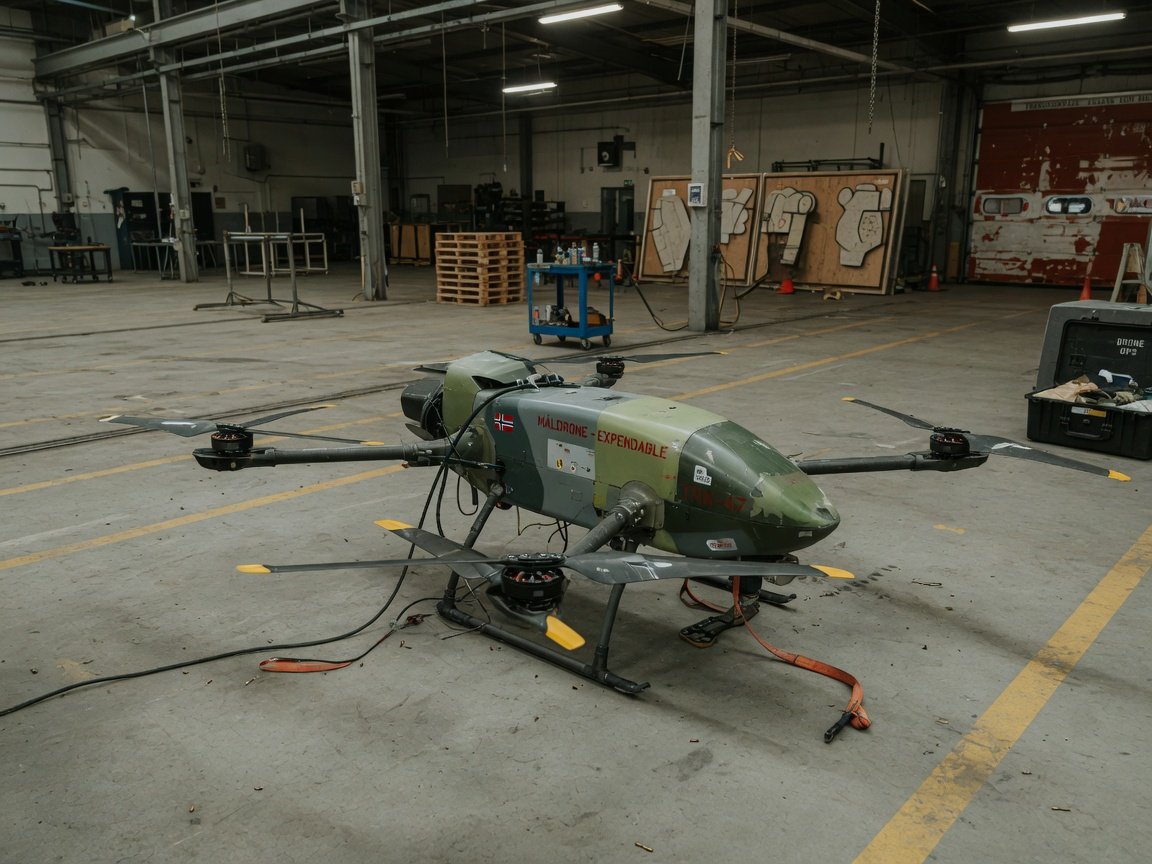 Måldrone for militær trening på fabrikkgulv, med synlige rotorer og kompositthus mot industriell bakgrunn.