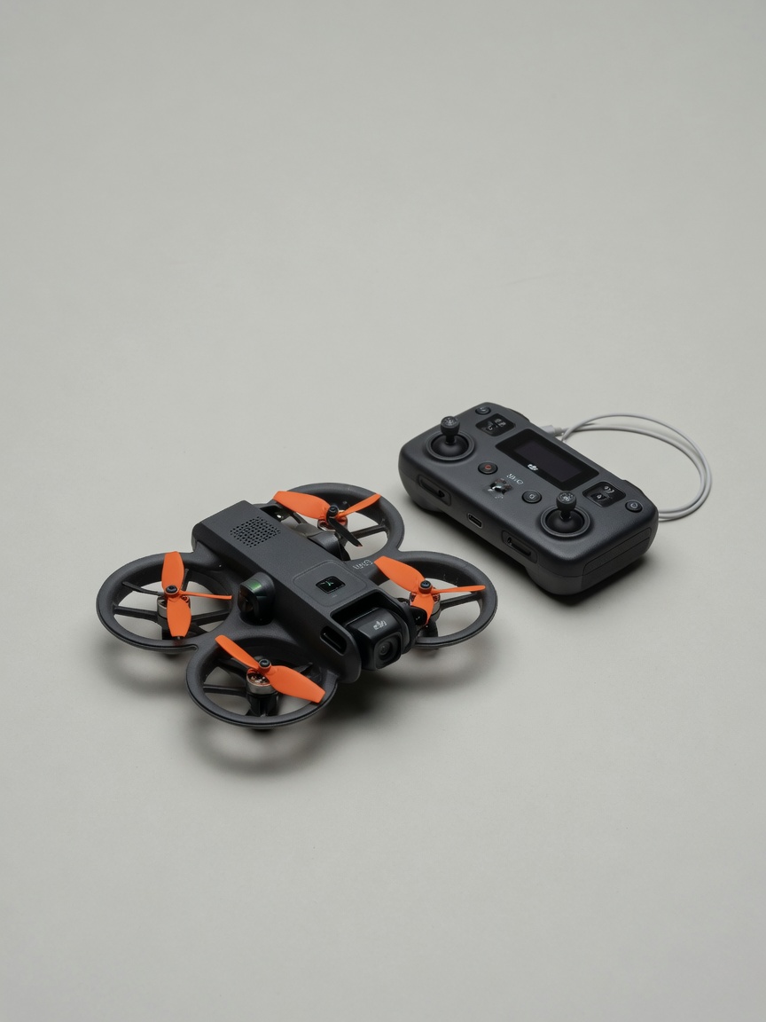 Liten håndflate-stor DJI-drone på nøytral bakgrunn, klar for nybegynnerflyging.