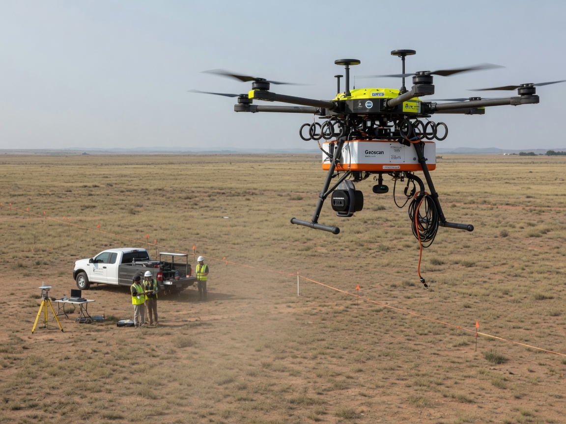 Industriell drone med spesialsensor over åpent landskap, brukt til geofysisk kartlegging.