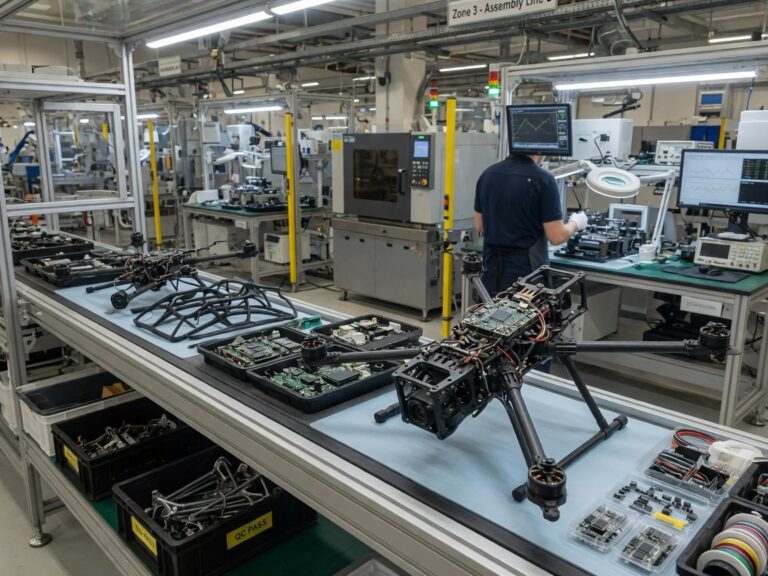Industriell drone på samlebånd i et moderne produksjonsanlegg, med fokus på elektronikk og komponenter.
