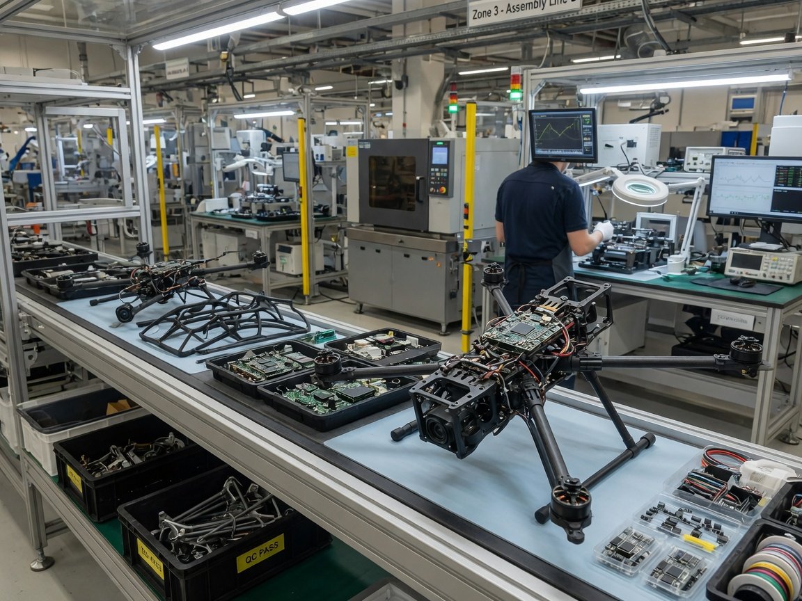 Industriell drone på samlebånd i et moderne produksjonsanlegg, med fokus på elektronikk og komponenter.