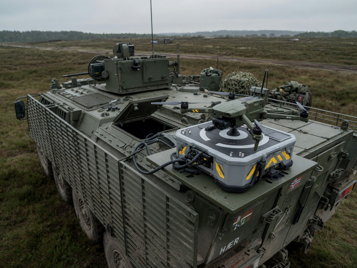 Militær mikrodrone montert på dokk på toppen av et taktisk kjøretøy i felt