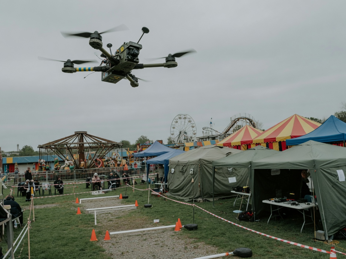FPV-quadcopter i lufta over en utendørs konkurransebane med telt og tilskuere i bakgrunnen