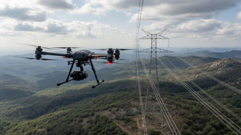 Profesjonell inspeksjonsdrone som flyr ved en høyspentmast over skogkledd terreng. AI-generert illustrasjon.