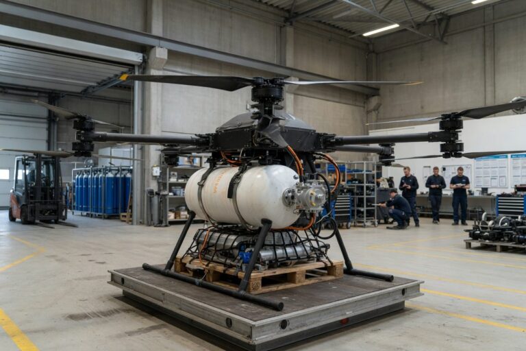 Tunglastdrone med hydrogenbrenselcelle og trykktank montert under rammen, mot nøytral bakgrunn.