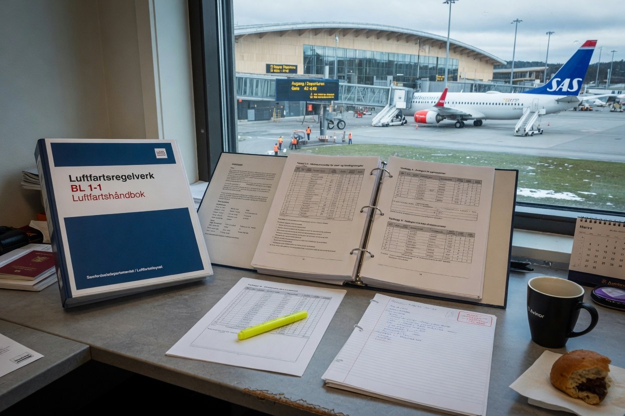 Trykt luftfartsdokument med regeltekst og tabeller liggende på skrivebord foran vindu mot flyplass