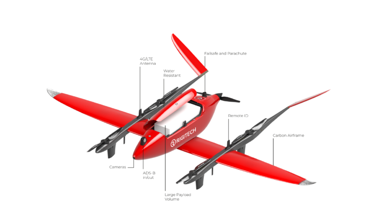 Hvit VTOL-leveringsdrone med fastvinger og rotorer, klar for langdistanseflyging.