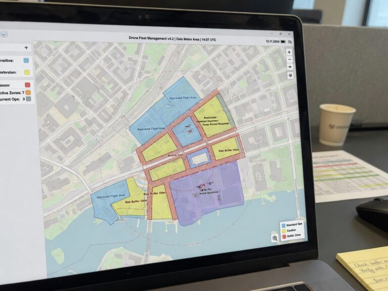 Digitalt kart med droneflygesone og fargekodede risikobuffere over bebyggelse på en skjerm