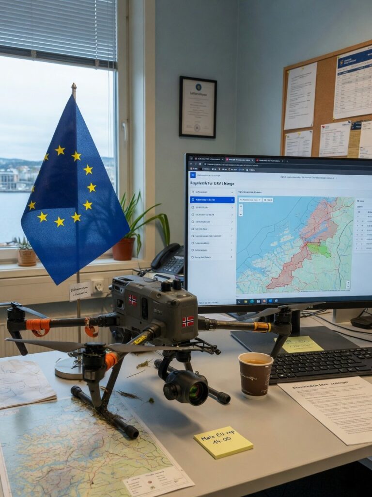 EU-flagg og digital plattform som symboliserer europeisk droneregelverk og godkjenningsprosesser.