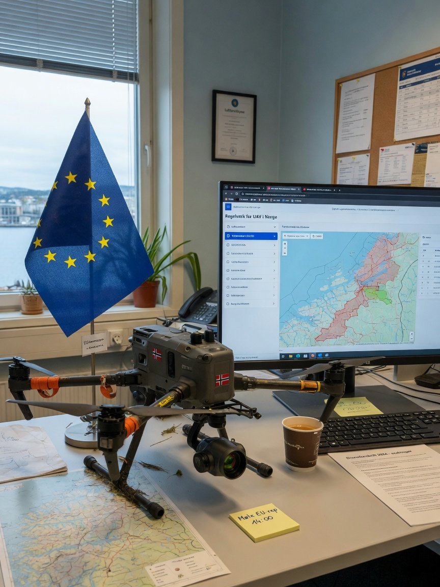 EU-flagg og digital plattform som symboliserer europeisk droneregelverk og godkjenningsprosesser.
