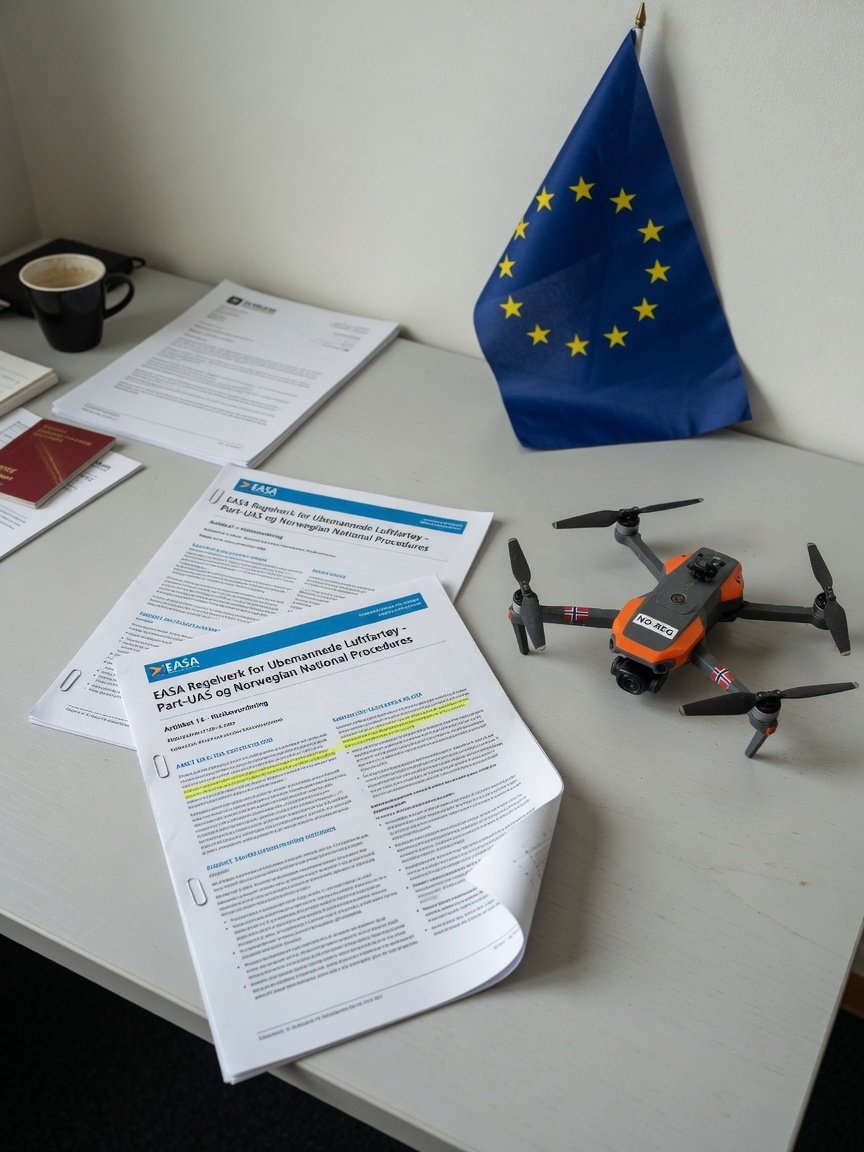 EASA-logo og europeisk regelverksdokument på skrivebord med droneillustrasjon i bakgrunnen
