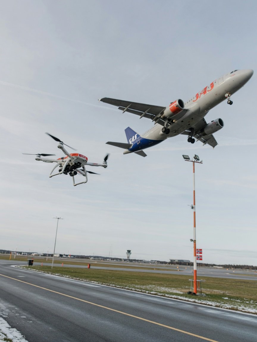 Liten drone og passasjerfly i samme luftrom, illustrasjon av kollisjonsrisiko i luften.