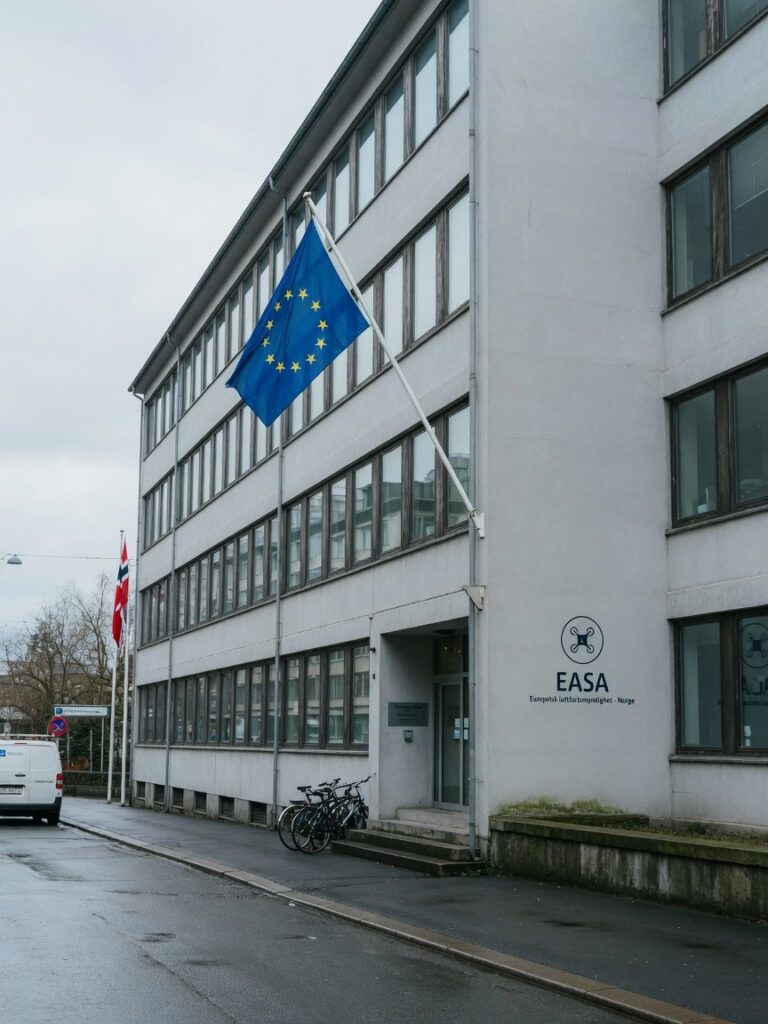 EU-flagg og dronesymbol foran EASAs kontorbygg, som illustrerer europeisk droneregulering.
