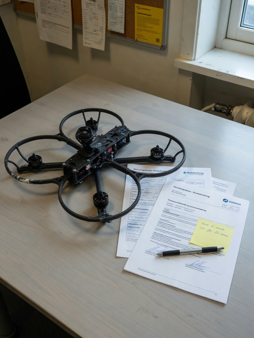 FPV-racingdrone med karbonramme og propellbeskyttere plassert ved siden av forsikringspapirer på et bord
