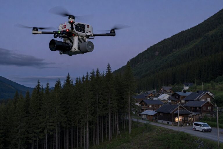 Quadcopter med termisk kamera og høyttaler i lav flyvning over skogkant nær japansk fjellandsby