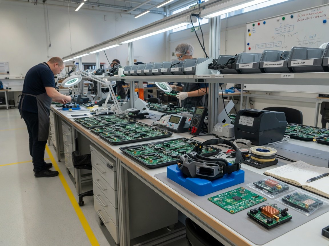 Monteringslinje i europeisk elektronikkfabrikk med kretskort og FPV-briller på arbeidsbenker