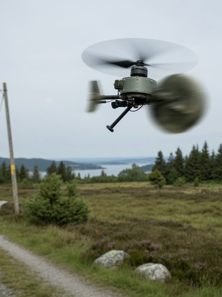 Liten drone med én propell som roterer så raskt at kroppen blir en uskarp flekk mot bakgrunnen.