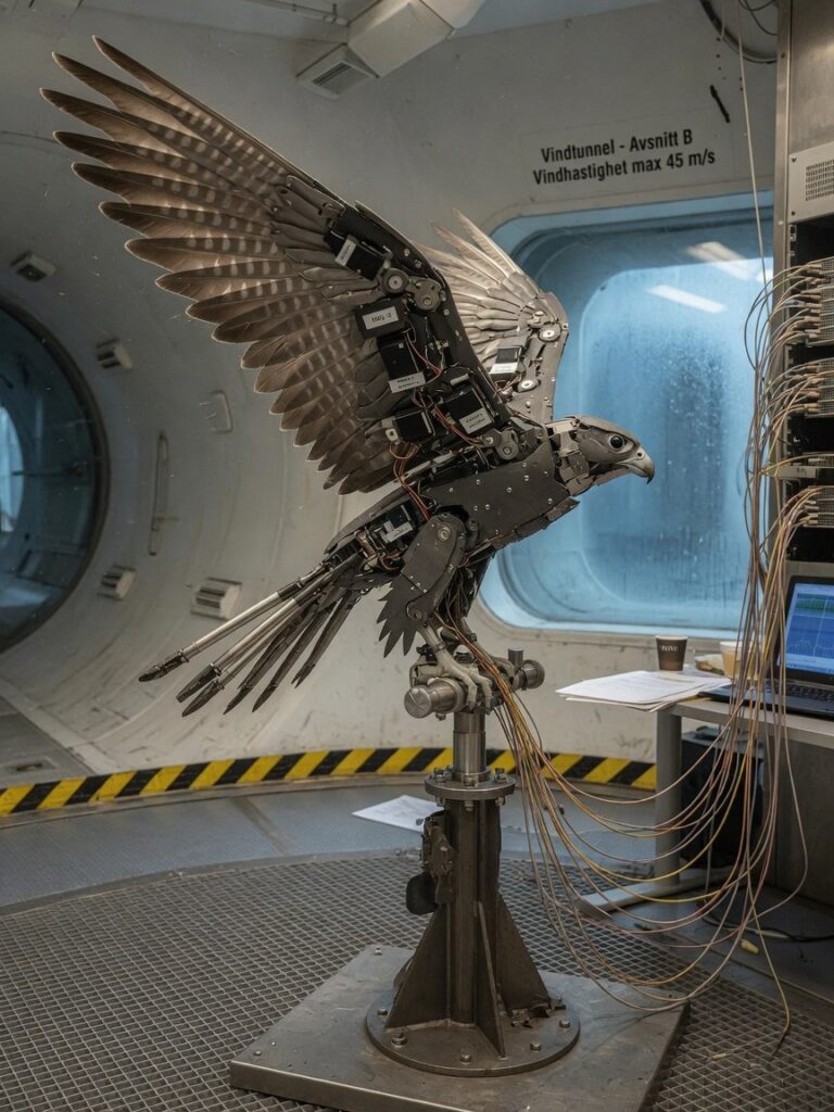 Robotfalk med utspente vinger og spredd halefjær montert i vindtunnel for aerodynamisk testing