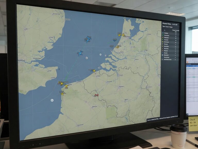 Digital skjerm som viser luftromskart med droner og bemannede fly i samme kontrollerte luftrom