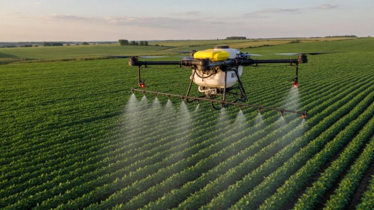 Landbruksdrone med sprøytetank og fire rotorer som sprøyter over grønn åker