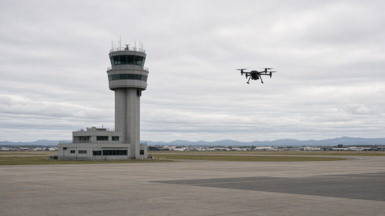 Kontrolltårn ved australsk flyplass med liten firerotors drone i luften over rullebaneområdet
