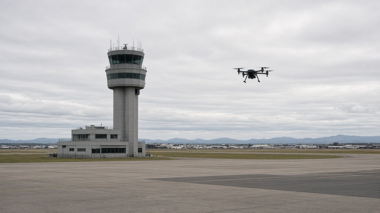 Kontrolltårn ved australsk flyplass med liten firerotors drone i luften over rullebaneområdet