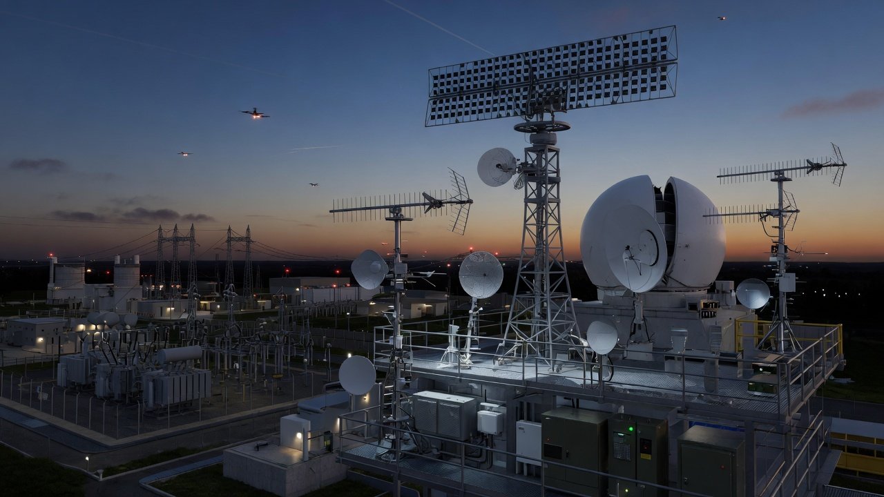 Dronedeteksjonssystem med antenner som overvåker luftrommet over kritisk infrastruktur