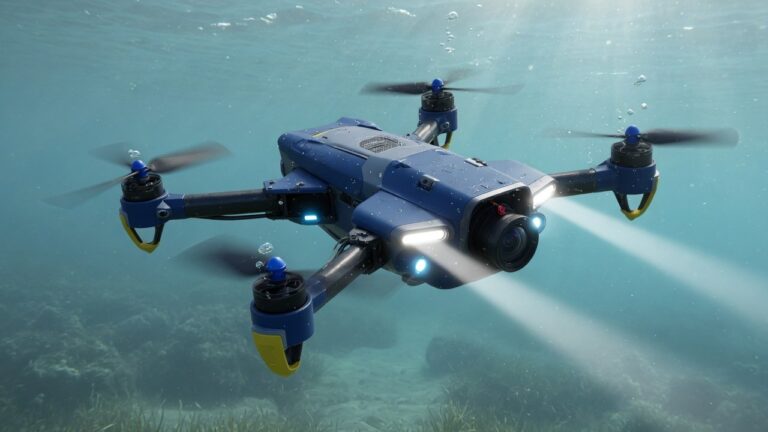 Blå undervannsdrone med kamera og LED-lys under vann.