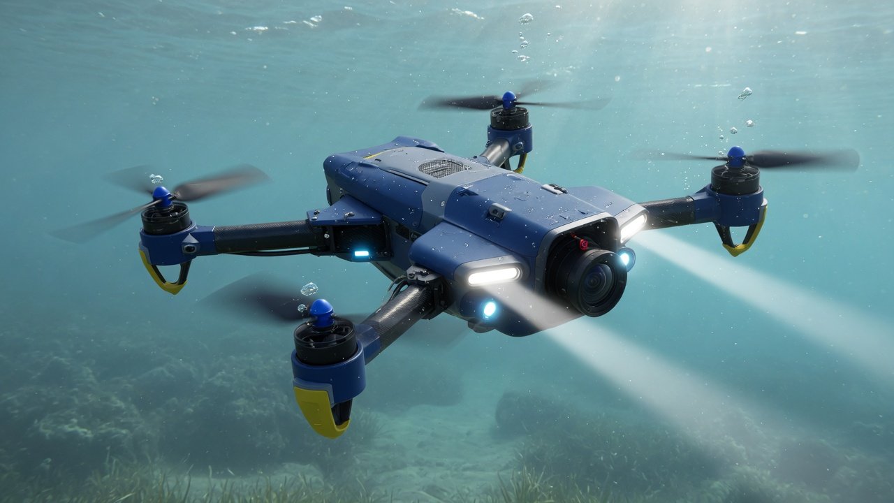 Blå undervannsdrone med kamera og LED-lys under vann.