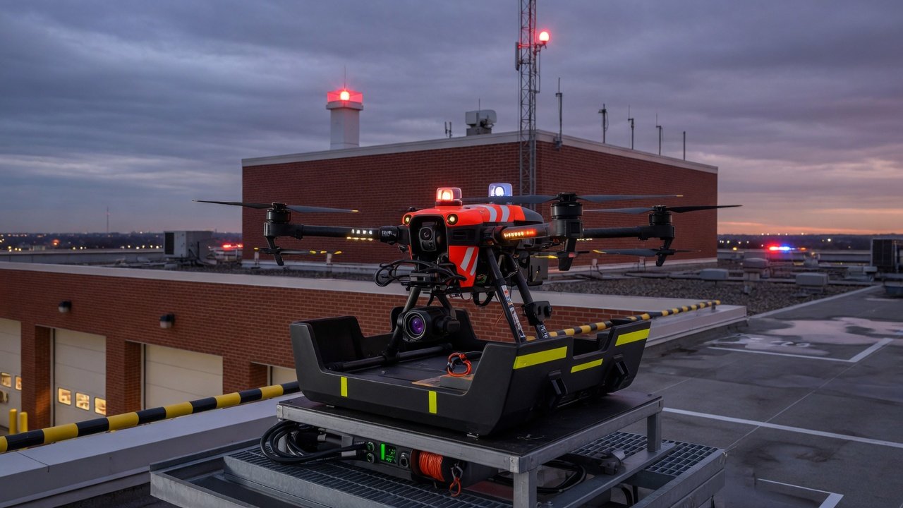Kompakt nødrespons-drone i dokkingstasjon på taket av en brannstasjon