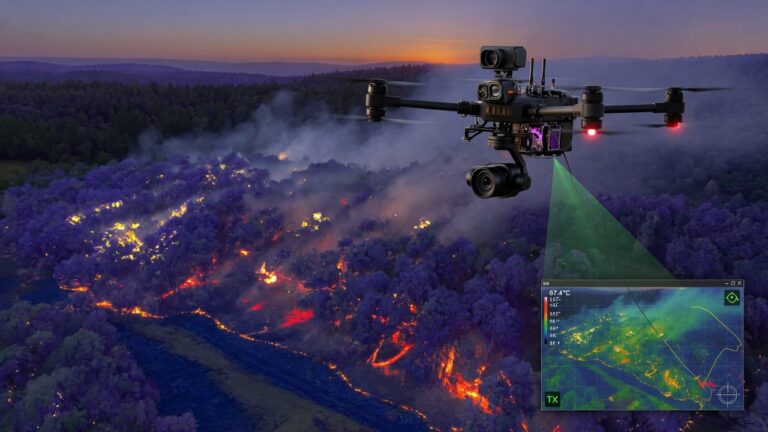 Termisk drone med kartleggingsutstyr flyr over skoglandskap for nødetater.