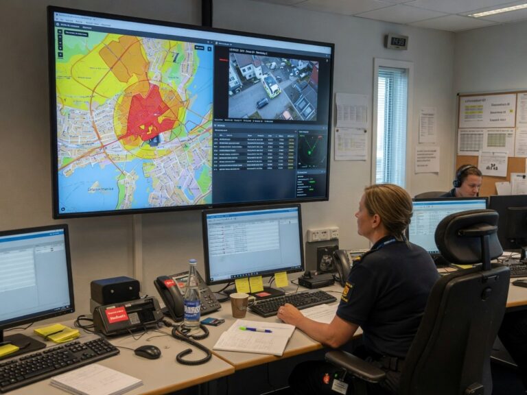 Operatørskjerm med kart over bykvartal, direktevideo fra drone og luftromsdata i nettleser