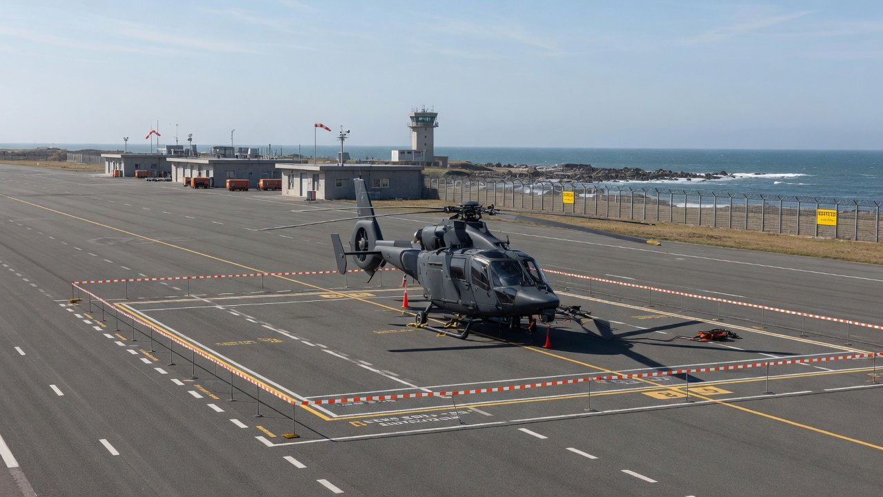 Ubemannet rotorhelikopter på testflystripe ved kystlokasjon med merket segregert luftrom.