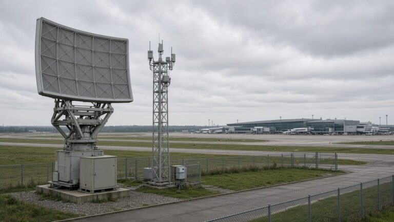 Radar- og RF-sensormast for dronedeteksjon plassert ved flyplassterminal med rullebane i bakgrunnen