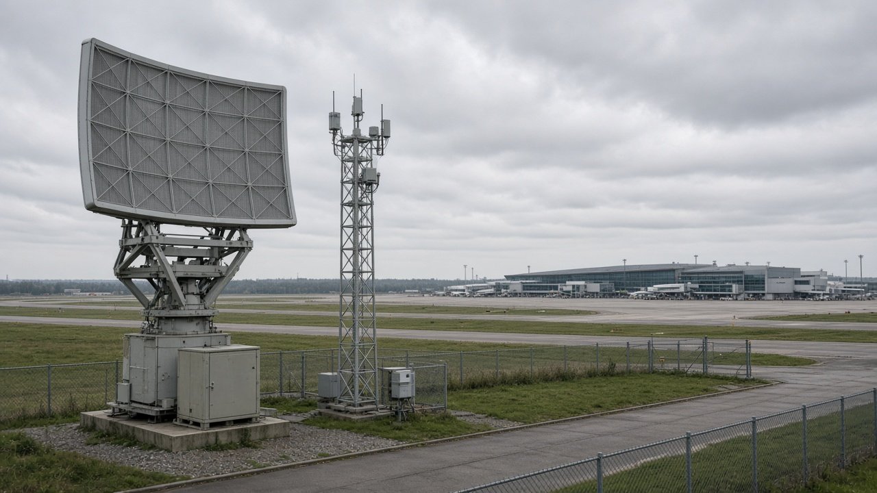 Radar- og RF-sensormast for dronedeteksjon plassert ved flyplassterminal med rullebane i bakgrunnen