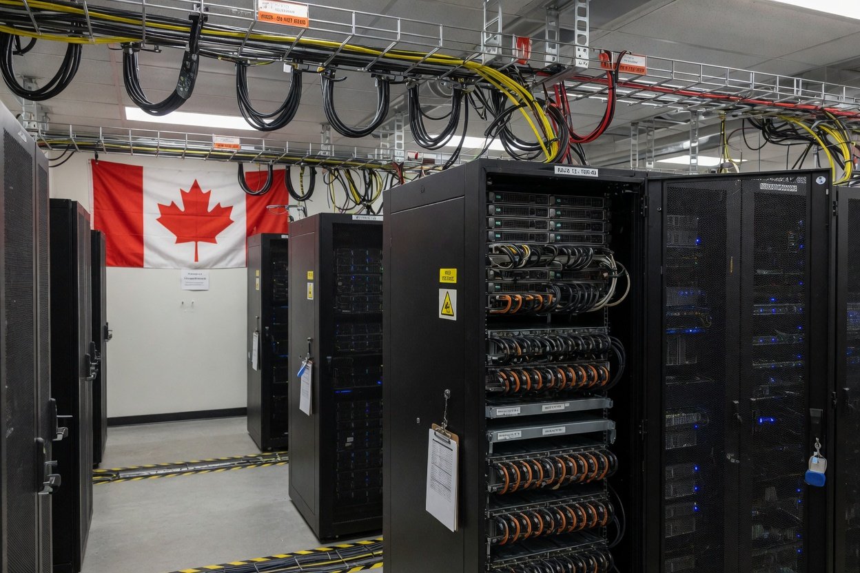 Serverrekker med GPU-noder i et datasenter, kanadisk flagg synlig på veggen bak.