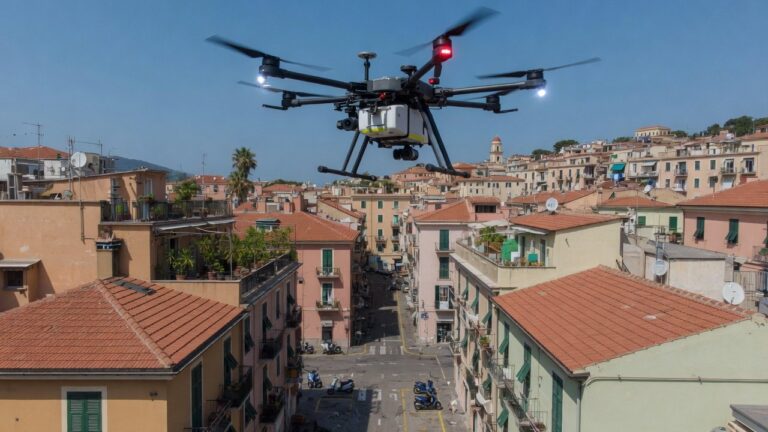 Multirotor-leveringsdrone i flukt over urbant boligområde i Sør-Europa