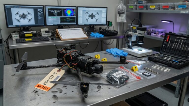 Beslaglagt drone ligger på bord med dataanalyseutstyr og datamaskiner i etterforskningsmiljø