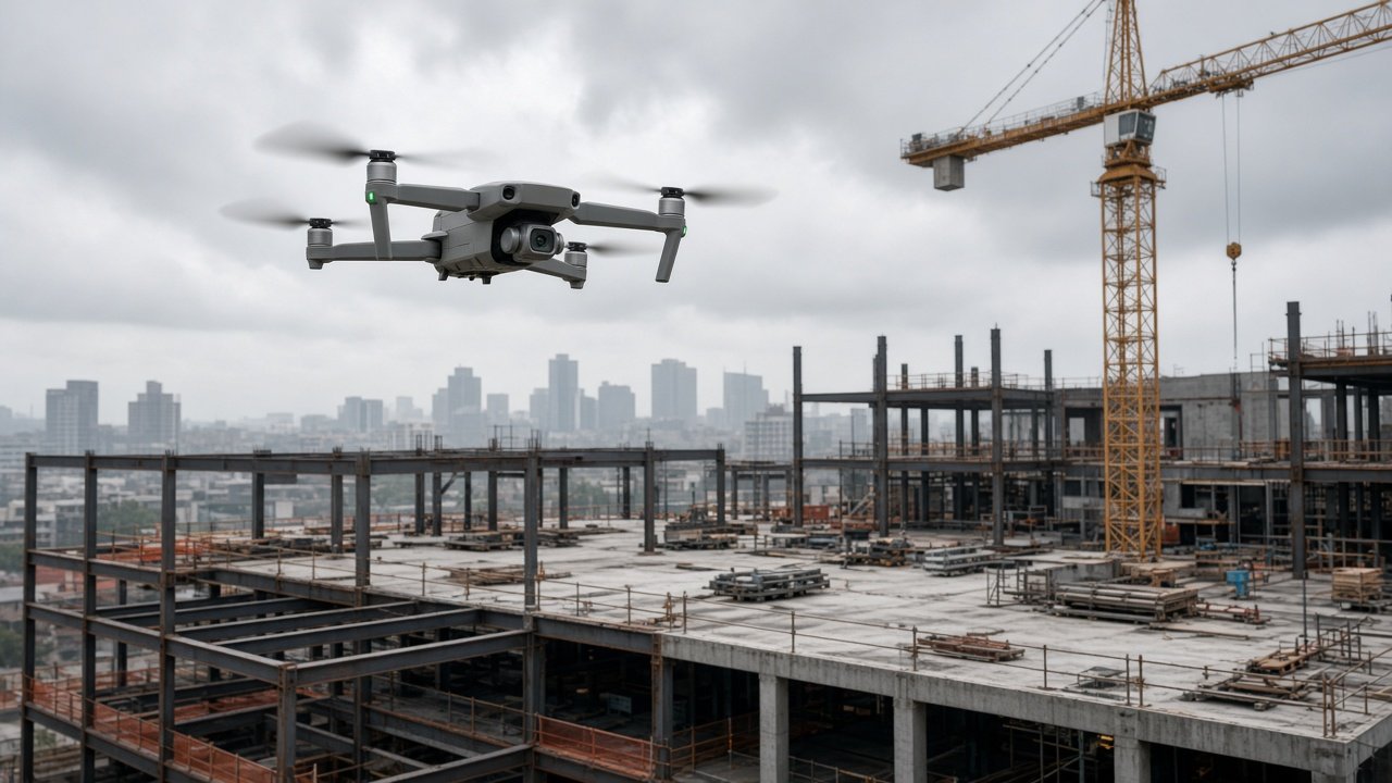 Liten quadkopter svever over amerikansk byggeplass med stålbjelker, betongdekke og byggekran i bakgrunnen.