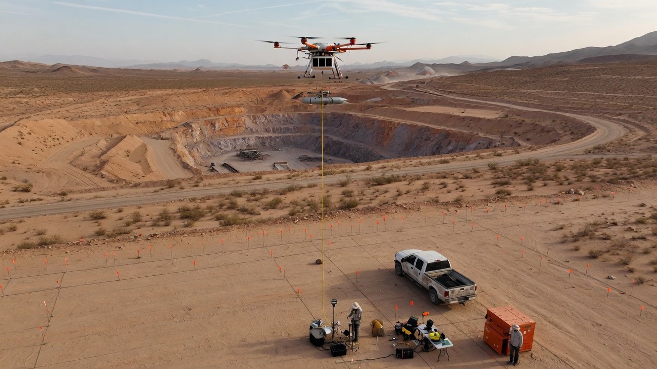 Drone settes ut for magnetometer-kartlegging på mineraliprosjekt i ørkenlandskap