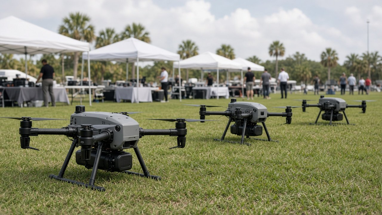 Utendørs droneutstilling på amerikansk messeområde med flere multirotordroner på bakken og utstillerbord i bakgrunnen