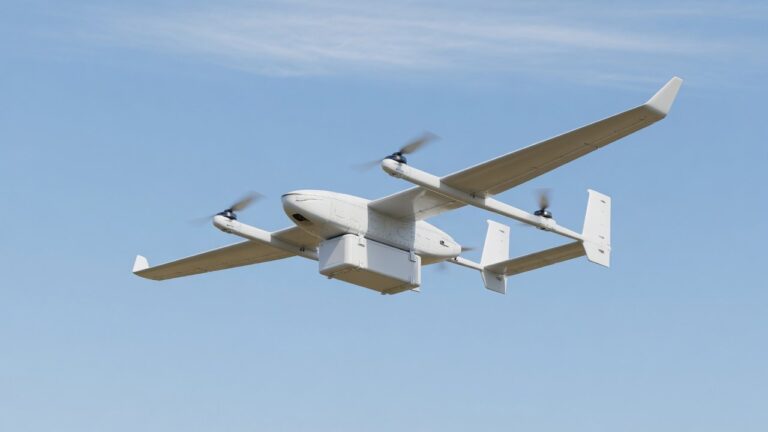 Hvit VTOL-leveringsdrone med fastvinger og rotorer i flukten, designet for langdistansepakkelevering.
