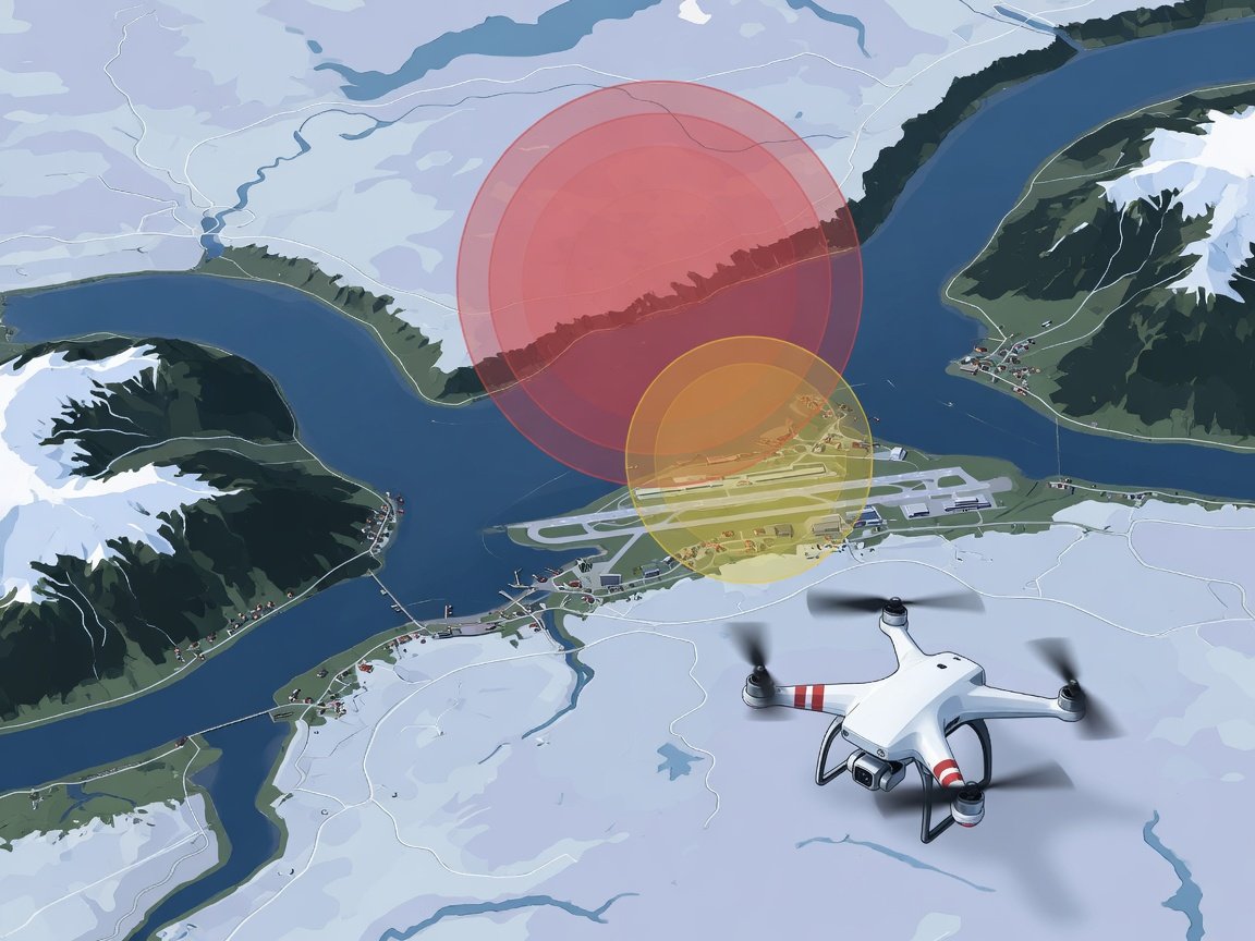 Illustrasjon: dronekart med flyforbudssoner rundt lufthavn i Norge