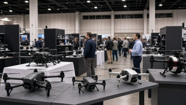 Utstillingshall med dronestand og besøkende fagfolk under en amerikansk bransjemesse for kommersielle droner